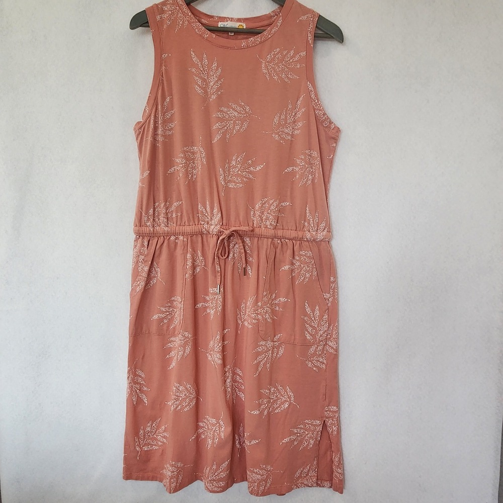 C&C California Women‎ XL Coral Tropical Leaf Print Drawstring Knit Dress